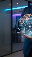 Businessman holding glowing digital network sphere with connected icons in modern office environment for technology and innovation concepts.
