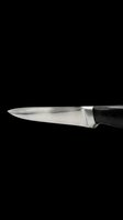 Sharp kitchen knife with stainless steel blade and black handle, isolated on transparent background. Ready for clipart, t-shirt design, print-on-demand products, and sublimation projects.