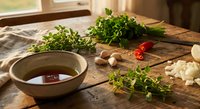 Fresh herbs and vegetables on rustic wooden cutting board in warm kitchen light. Cooking preparation scene with parsley, garlic, chili pepper for healthy meal.