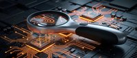 Cybersecurity concept with magnifying glass revealing glowing circuit patterns on dark digital background for technology and data protection themes.