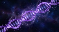 Glowing purple DNA double helix structure floating in cosmic space with stars and nebula background for genetic research and biotechnology concepts.