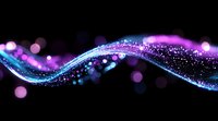 Glowing wave with sparkling particles and bokeh effects in blue and purple colors against black background, creating magical light trail motion.
