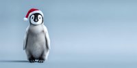 Adorable baby penguin wearing red Santa hat standing alone on light blue background with copy space for holiday greeting cards.
