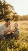 Young Caucasian father and toddler son bonding in golden hour meadow, warm sunlight creating intimate family moment outdoors in natural grass field setting.