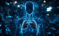 Glowing blue holographic human torso showing respiratory system and lungs against dark background with digital elements and bokeh lights. Medical visualization.
