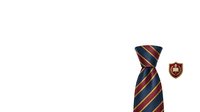 Striped necktie in navy with red and gold diagonal stripes displayed with matching lapel pin on white background, isolated for design use on apparel and accessories.