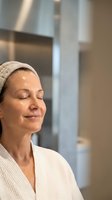 Mature Caucasian woman enjoying spa facial treatment with closed eyes wearing headband and white bathrobe in modern wellness center for skincare routine.