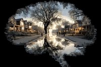Serene suburban street with bare tree silhouette reflected in puddle at sunset, houses lining both sides creating peaceful neighborhood atmosphere.