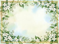 Watercolor floral frame with white flowers and green leaves on soft pastel background for wedding invitations and spring designs.