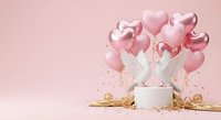 Pink heart balloons with white doves and gift box on pastel background for Valentine's Day, wedding, anniversary celebration and romantic occasions.