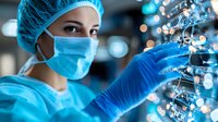 Female medical scientist in protective gear examining DNA sequence model in modern laboratory with blue tinted lighting and bokeh effects in background.
