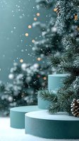 Snowy winter scene with pine branches and cone on turquoise podiums against blurred Christmas tree with bokeh lights, falling snow creates magical mood.