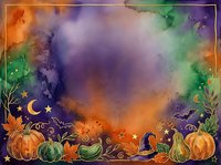 Watercolor Halloween border frame with pumpkins, witch hat, bats, moon, and stars on vibrant purple and orange background with copy space.