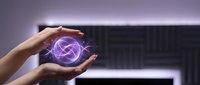 Female hand holding glowing purple digital sphere with interconnected network nodes, representing technology, innovation, and data connectivity in modern business environment.