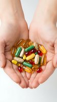 Close-up of two hands holding assorted vitamin supplements and capsules in various colors including amber, green, red, and yellow against white background for healthcare and wellness concepts.