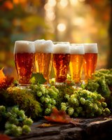 Row of craft beer glasses with foam heads arranged on moss and fresh hops with autumn foliage backdrop and golden bokeh lighting.