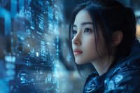 Young Asian woman looking at futuristic digital interface with glowing data visualization and technology symbols in dark blue cyberpunk atmosphere.