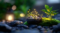 Magical forest scene with tiny glowing nest among moss and stones, featuring golden sparkles and young plant sprout in dreamy nature setting.
