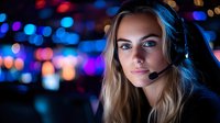 Young female customer service representative with headset against blurred colorful night lights background, professional call center operator at work.