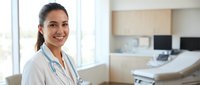 Smiling young Hispanic female doctor in white coat with stethoscope standing in modern medical examination room, confident healthcare professional.