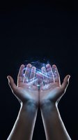 Cupped hands holding glowing holographic geometric shapes with light effects on dark background for technology and innovation concepts.