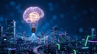 Glowing brain lightbulb floating above futuristic smart city with digital network connections at night representing innovation and artificial intelligence concepts.