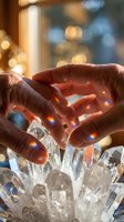 Hands cupping crystal quartz cluster with rainbow light reflections and warm bokeh background for healing energy and spiritual wellness concepts.