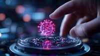 Glowing pink virus cell floating above rippling water surface with finger silhouette against dark background with bokeh lights. Scientific visualization concept.