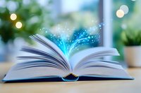 Open book with magical glowing blue light and sparkles emerging from pages against blurred background with bokeh lights and indoor plants.