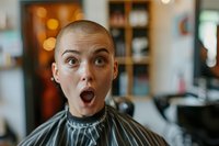 Young woman with shaved head making surprised expression while sitting in barber chair, wearing striped cape. Emotional portrait in modern salon interior.