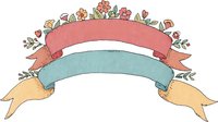 Colorful hand-drawn ribbon banners in pink, blue, and yellow with delicate floral decorations, ideal for wedding invitations, greeting cards, and craft projects.
