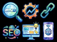 Magnifying glass with analytics chart, gear with arrow optimization symbol, connected chain link, colorful SEO text with globe and stars, computer monitor displaying website design with lightbulb, smartphone showing www globe icon. All isolated on transparent background, ready for t-shirts, clipart, stickers, print-on-demand and sublimation projects.