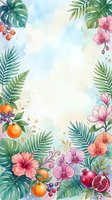 Watercolor tropical frame with hibiscus, orchids, pomegranate, oranges, palm leaves, and berries on a soft pastel background with copy space.