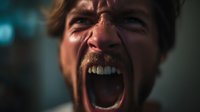 Intense angry man screaming with rage and fury showing aggressive facial expression and emotional outburst in dramatic lighting for stress concepts.