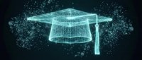 Glowing digital graduation cap with particle effects on dark background, representing online education, e-learning, and academic achievement for educational technology designs.