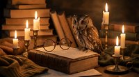Wise owl perched on ancient book surrounded by flickering candles and vintage eyeglasses in atmospheric library setting for education and knowledge concepts.