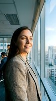 Young Latina businesswoman in beige blazer smiling by office window overlooking cityscape, professional workplace environment.