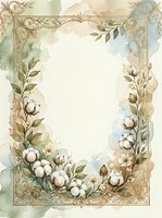 Vintage watercolor frame with cotton flowers and golden ornamental border, soft pastel tones, copy space for wedding invitations or greeting cards.
