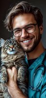 Young male veterinarian in glasses and scrubs holding fluffy Maine Coon cat during examination. Genuine smile and caring attitude showcase professional pet healthcare service.