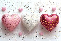 Three decorative hearts in pink, white and burgundy with gold speckles and confetti scattered on white background for Valentine's Day celebration.
