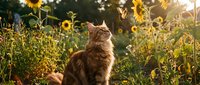 Brown tabby cat sitting in sunflower field during golden hour sunset, surrounded by blooming yellow flowers and green foliage in natural outdoor garden setting.