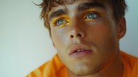 Young Caucasian male model with golden yellow artistic makeup around eyes wearing bright orange shirt for fashion and beauty concepts.