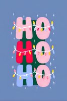 Festive Ho Ho Ho Christmas typography with colorful string lights on blue background, perfect for holiday greeting cards and seasonal designs.