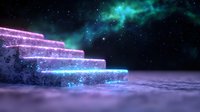 Mystical glowing stairway leading to cosmic nebula with neon purple and turquoise lights against starry night sky, creating surreal atmospheric scene.