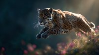 Majestic jaguar leaping through wildflowers in golden sunlight, showcasing power and grace of big cats in natural habitat.