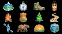 Outdoor adventure icons collection featuring mountain landscape, compass, hiking boot, lantern, campfire, backpack, evergreen tree, rope, kayak, bear, sunset, and lake scenery. Isolated on transparent background, ready for t-shirt design, clipart, stickers, print-on-demand, and sublimation projects.