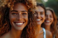 Diverse young women with natural curly hair and freckles smiling outdoors during golden hour sunset, radiating joy and authenticity in casual summer setting.
