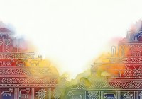 Colorful ancient civilization architecture with geometric patterns and ornamental details fading into light, suitable for historical, cultural, and design backgrounds.