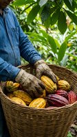 Farmer harvesting fresh cacao pods in wicker basket on tropical plantation. Hands holding colorful cocoa fruits for chocolate production and agriculture.