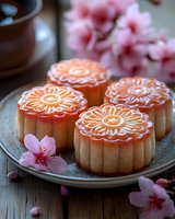 Traditional Chinese mooncakes with intricate floral patterns on ceramic plate surrounded by delicate pink cherry blossoms and tea cup for Mid-Autumn Festival.